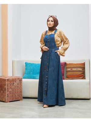 Efsanem 2210-DENIM Koyu Mavi Mevlana Salopet Denim Kumaş Kadın Uzun Elbise