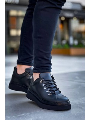 Siyah Cilt Siyah Yüksek Taban Bağcıklı Günlük Erkek Ayakkabısı