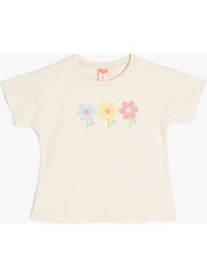 Koton Çiçek Baskılı Kısa Kollu Bisiklet Yaka Pamuklu Tişört