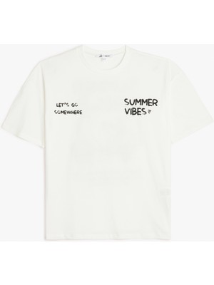 Koton Arkası Baskılı Yaz Temalı Bisiklet Yaka Kısa Kollu Tişört