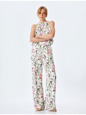 Koton Pile Detaylı Yüksek Bel Viskon Çiçekli Palazzo Saten Pantolon