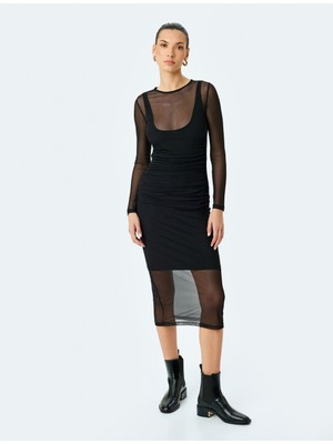 Koton Astarlı Uzun Kollu Yuvarlak Yaka Midi Boy Transparan Tül Kalem Elbise