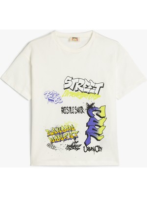 Koton Grafiti Baskılı Kısa Kollu Bisiklet Yaka Oversize Tişört