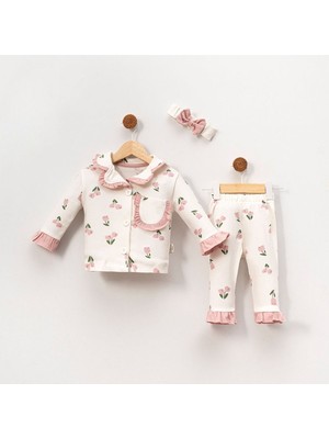 Kız Çocuk Ekru Pudra Lale Desenli Fırfırlı Bandanalı Pijama Takımı - 1015412