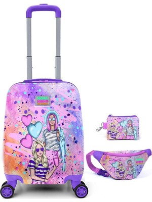 Coral High Pembe Fashion Baskılı Kız Çocuk Seyahat Valiz Bel Çantası ve Bozuk Para Cüzdan Seti 16773