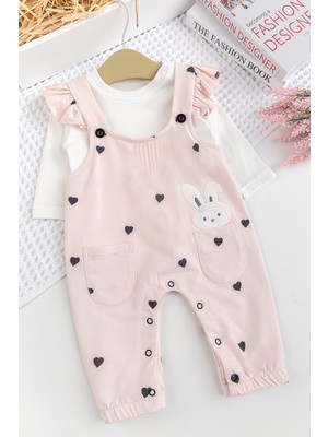 Babymod Kalp Desenli Fırfırlı  Pamuklu Kız Bebek Penye Tulum Salopet Takım