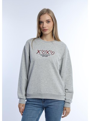 Kadın Bisiklet Yaka 3 Iplik Şardonsuz Sweatshirt Gri Melanj