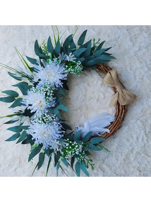 Lotus Hediye Beyaz Kasımpatılı Kuşlu Kapı Süsü Çelenk