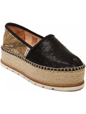 Espadrilles J.tempe Negro Önü Siyah Arkası Altın Payetli Hasır Taban Dolgu Topuklu Kadın Ayakkabı