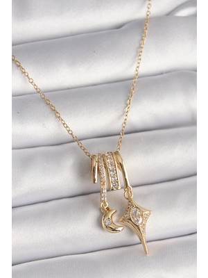 Clariss 316L Çelik Gold Renk Zincir Sallantı Zirkon Taşlı Hilal Yılıdız Model Kadın Charm Kolye