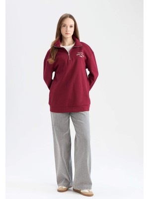 DeFacto Regular Fit Fermuarlı Dik Yaka Baskılı İçi Yumuşak Tüylü Kalın Sweatshirt Tunik E8846AX24CW