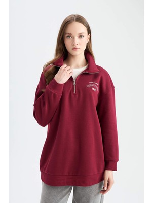 DeFacto Regular Fit Fermuarlı Dik Yaka Baskılı İçi Yumuşak Tüylü Kalın Sweatshirt Tunik E8846AX24CW