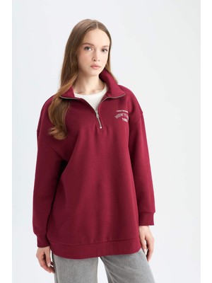DeFacto Regular Fit Fermuarlı Dik Yaka Baskılı İçi Yumuşak Tüylü Kalın Sweatshirt Tunik E8846AX24CW
