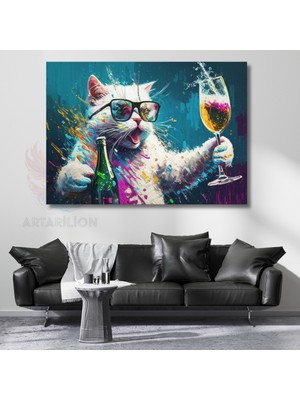 Artarilion Neşeli Beyaz Kedi Görseli Kanvas Tablo Tasarım Kedi Tablosu