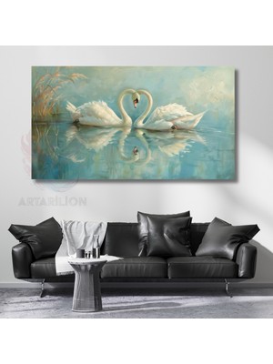Artarilion Çifte Kuğular Beyaz Kuğular Kanvas Duvar Tablosu Yağlı Boya Görünümlü Tablo