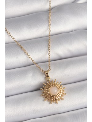 Ezo Concept 316L Çelik Gold Renk Zincir Beyaz Mineli Güneş Model Kadın Kolye