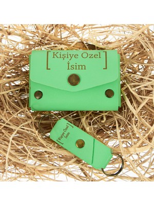 Miawiki Fıstık Yeşil Renk Isme Özel Deri Cüzdan ve Anahtarlık Takım, Yüksek Kalite Aksesuar