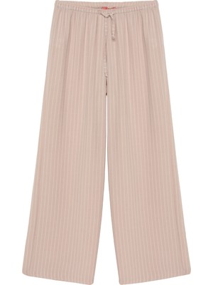 Quzu İnce Çizgili Beli Lastikli Pantolon Bej