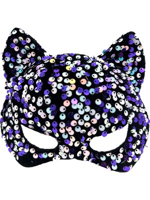 Just Cheap Store Siyah Kadife Kumaş Üzerine Mor Beyaz Payetli Pullu Parti Maskesi 16X14 cm