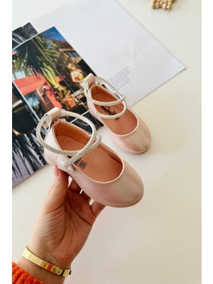 Miniğimin Cicileri Taşlı Kalp Detaylı Cırtlı Kız Çocuk Ortopedik babet - Pudra