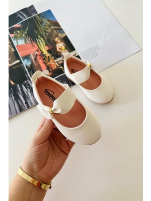 Miniğimin Cicileri Sallantılı Taş Detaylı Cırtlı Kız Çocuk Ortopedik babet - Beyaz