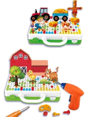Smartfox Pilli Oyuncak Matkap ve Tamir Çantası 340 Parça Çiftlik Temalı 3D Puzzle Eğitici Erkek Çocuk Seti