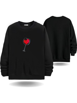 Kadeh Içinde Kalp Kabartmalı Sevgililer Günü Bisiklet  Yaka Kadın Slimfit Sweatshirt 7005K