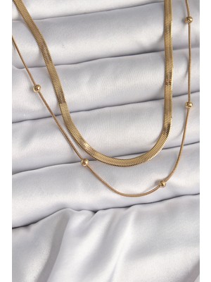 Clariss 316L Çelik Gold Renk 2'li Italyan Zincir Topçuk Detay Kadın Kolye