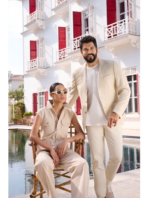 Altınyıldız Classics Erkek Bej Slim Fit Dar Kesim Kırlangıç Yaka Casual Blazer Ceket