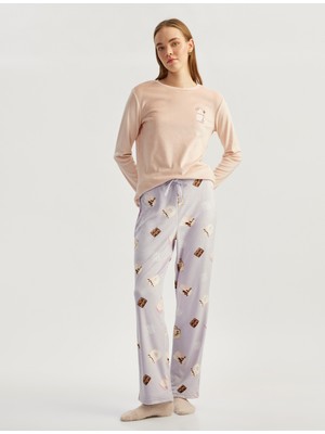 Koton Uzun Kollu Baskılı Kadife Pijama Takımı