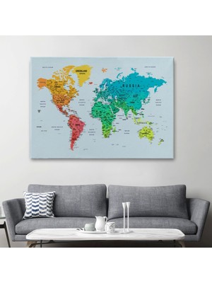 Marsilyan- Detaylı Dünya Haritası Dekoratif Renkli Zeminli Kanvas Tablo 1710
