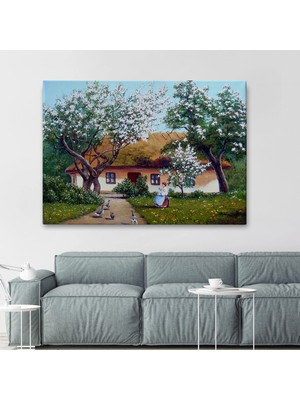 Marsilyan- Ilkbahar Köy Evi Yağlıboya Görünüm Dekoratif Kanvas Duvar TABLOSU-3514