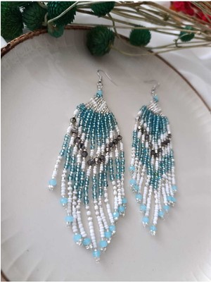 Tavus Kuşu  Kum Boncuk Oya El Yapımı Küpe