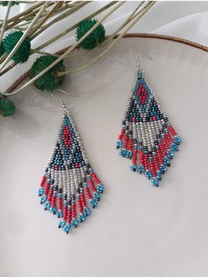 Tavus Kuşu  Kum Boncuk Oya El Yapımı Küpe