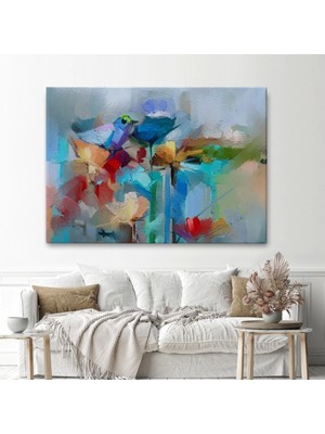 Marsilyan- Modern Soyut Tarzda Çiçekler ve Kuş Dekoratif Kanvas Duvar TABLOSU-3701