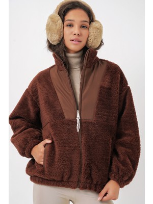 5194 Kadın Peluş Mont Ceket - Kahverengi