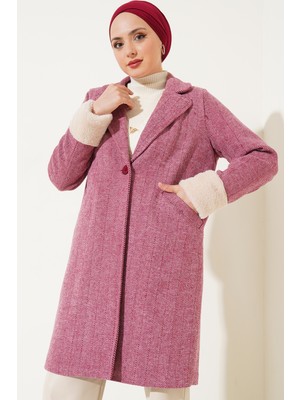 Bigdart 9145 Kadın Kolları Tüylü Balık Sırtı Kaşe Kaban - Bordo