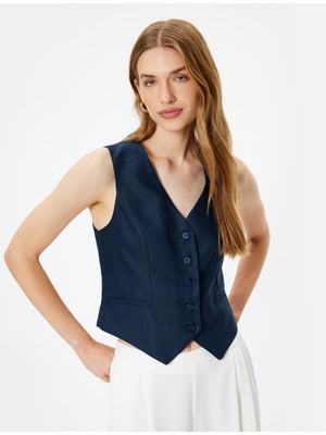 Koton Keten Yelek V Yaka Düğmeli Cepli Astarlı Slim Fit
