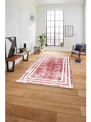 Napoli Home Çerçeveli Sade Çizgi Desenli Yıkanabilir Kaymaz Yolluk Mutfak Salon Halısı, Çerçeveli-53-Pembe,