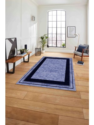 Napoli Home Baskılı Çerçeveli Düz Model Yıkanabilir Kaymaz Yolluk Mutfak Salon Halısı, Çerçeveli-60-Lacivert,
