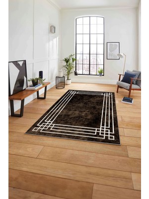 Napoli Home Çerçeveli Zigzag Köşe Detaylı Yıkanabilir Kaymaz Yolluk Mutfak Salon Halısı, Çerçeveli-58-Kahve,