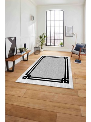 Napoli Home Çerçeveli Kenar Çizgili Model Yıkanabilir Kaymaz Yolluk Mutfak Salon Halısı, Çerçeveli-55-Siyah,