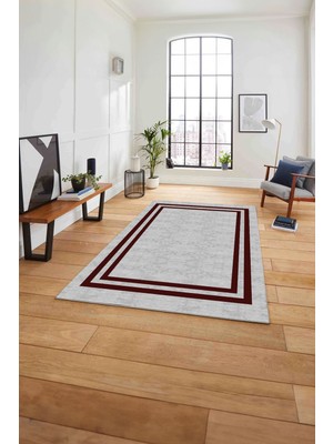 Napoli Home Çerçeveli Kenar Çizgi Desenli Yıkanabilir Kaymaz Yolluk Mutfak Salon Halısı, Çerçeveli-56-Bordo,