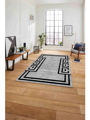 Napoli Home Çerçeveli Geometrik Desenli Yıkanabilir Kaymaz Yolluk Mutfak Salon Halısı, Çerçeveli-65-Gri,