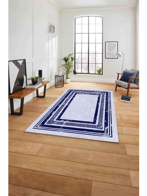 Napoli Home Çerçeveli Klasik Dekoratif Baskılı Yıkanabilir Kaymaz Yolluk Mutfak Salon Halısı, Çerçeveli-81-Mavi,