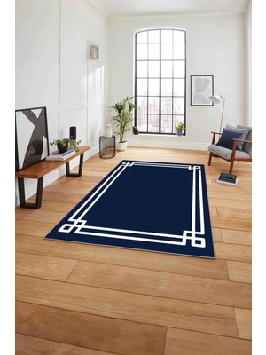 Napoli Home Çerçeveli Geçişli Çizgi Detaylı Yıkanabilir Kaymaz Yolluk Mutfak Salon Halısı, Çerçeveli-54-Mavi,