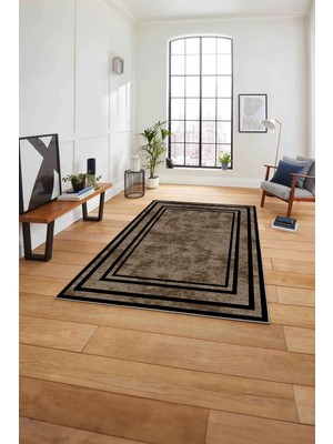 Napoli Home Çerçeveli Sade Düz Desenli Yıkanabilir Kaymaz Yolluk Mutfak Salon Halısı, Çerçeveli-59-Kahve,