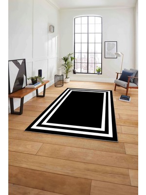 Napoli Home Çerçeveli Kenar Çizgi Motifli Yıkanabilir Kaymaz Yolluk Mutfak Salon Halısı, Çerçeveli-52-Siyah,