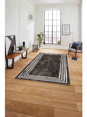 Napoli Home Çerçeveli Çizgi Detaylı Yıkanabilir Kaymaz Yolluk Mutfak Salon Halısı, Çerçeveli-57-Vizon,