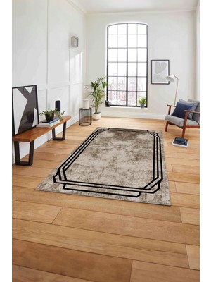 Napoli Home Çerçeveli Kenar Çizgi Motifli Yıkanabilir Kaymaz Yolluk Mutfak Salon Halısı, Çerçeveli-61-Kahve,